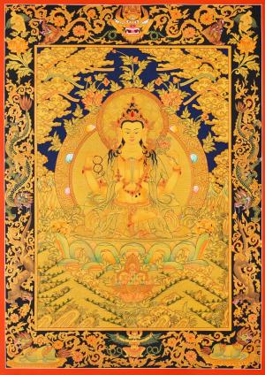 Full 24K Gold Style Avalokitesvara Chengrezig Thangka | Bodhisattva of Compassion